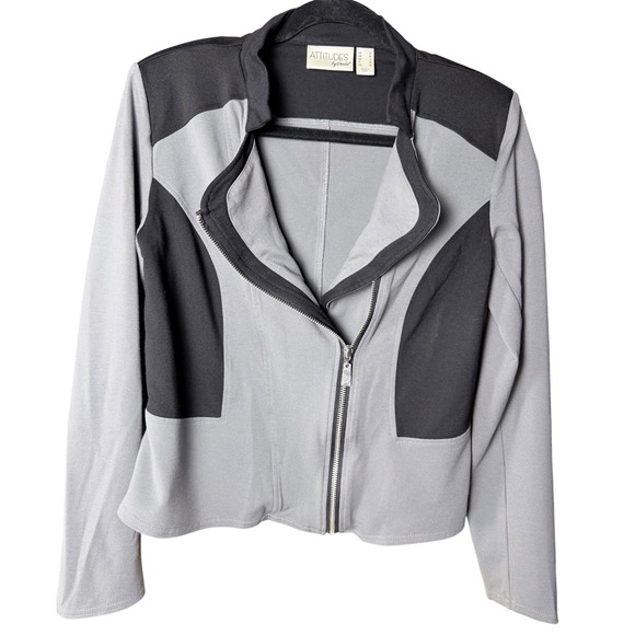 Attitudes by Renee Jackets & Blazers - Attitudes by Renee Womens Grey Black Colorblock 90s Moto Jacket Mock Neck Size S
